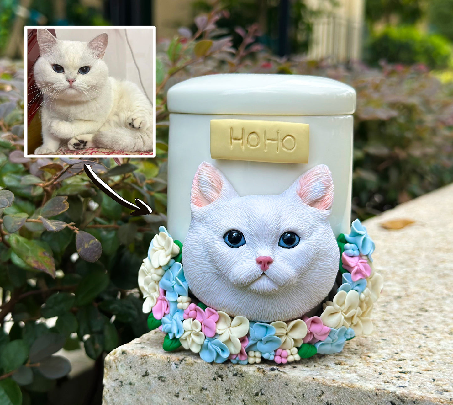 Custom Pet Urn with Name and Flower,Personalized Clay Cat & DogSculpture Cremation Urn,Pet Portrait,Pet Memorial,Pet Loss Gifts