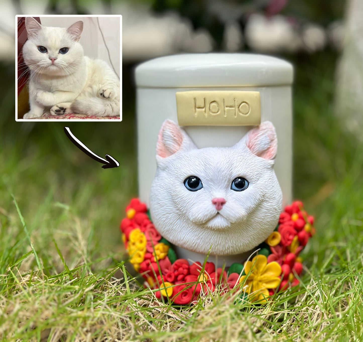 Custom Pet Urn with Name and Flower,Personalized Clay Cat & DogSculpture Cremation Urn,Pet Portrait,Pet Memorial,Pet Loss Gifts