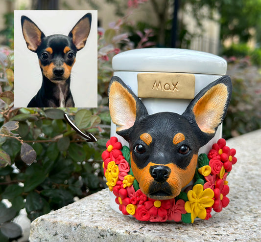 Custom Pet Urn with Name and Flower,Personalized Clay Cat & DogSculpture Cremation Urn,Pet Portrait,Pet Memorial,Pet Loss Gifts