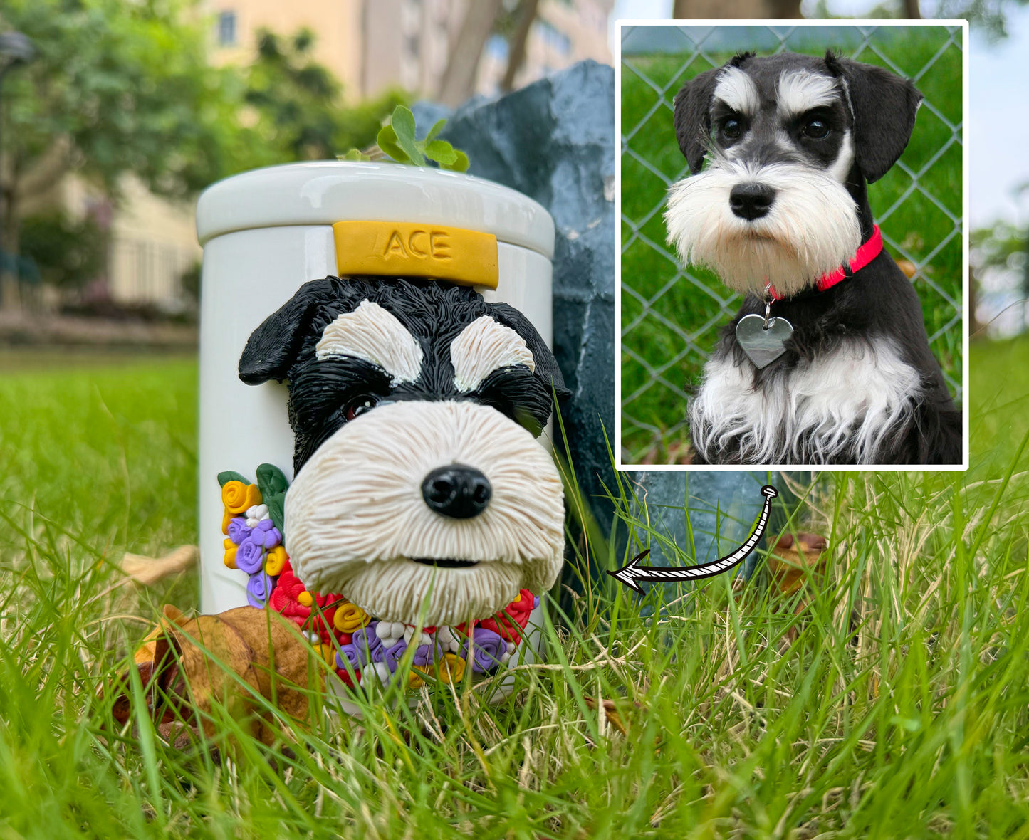 Custom Pet Urn with Name and Flower,Personalized Clay Cat & DogSculpture Cremation Urn,Pet Portrait,Pet Memorial,Pet Loss Gifts