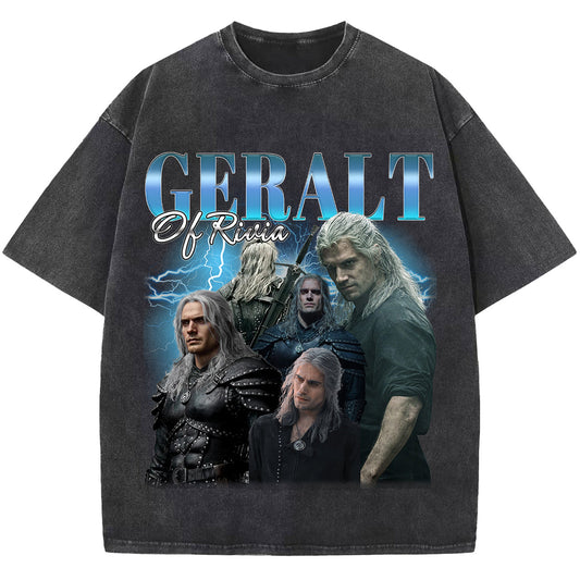 Geralt of Rivia T-shirt, Vintage T shirt Washed Black Tee Shirt, Unisex Short Sleeve