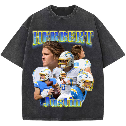 Justin Herbert Washed T-shirt, Vintage Sport T Shirt,Football Tee Shirt, Unisex Short Sleeve