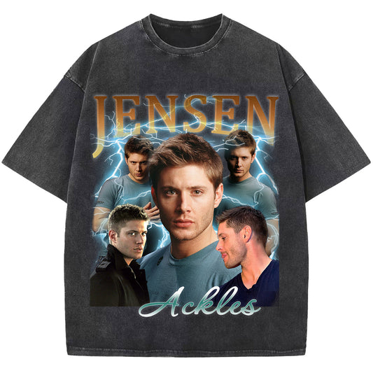 Jensen Ackles T-shirt, Vintage Washed Black T shirt,Star Tee Shirt, Unisex Short Sleeve