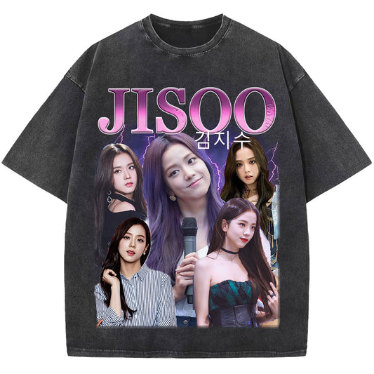 Kim Jisoo T-shirt, Vintage Washed Black T shirt,Star Tee Shirt, Unisex Short Sleeve