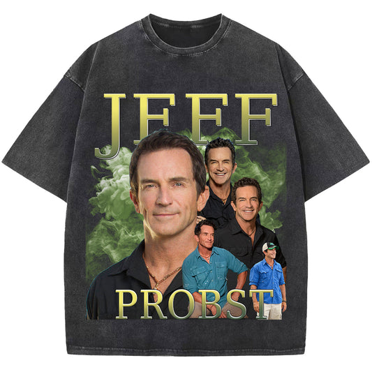 Jeff Probst T-shirt, Vintage Washed Black T shirt,Star Tee Shirt, Unisex Short Sleeve