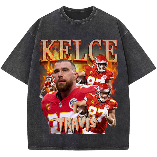 Kelce Tracis Washed T-shirt, Vintage Sport T Shirt,Football Tee Shirt, Unisex Short Sleeve